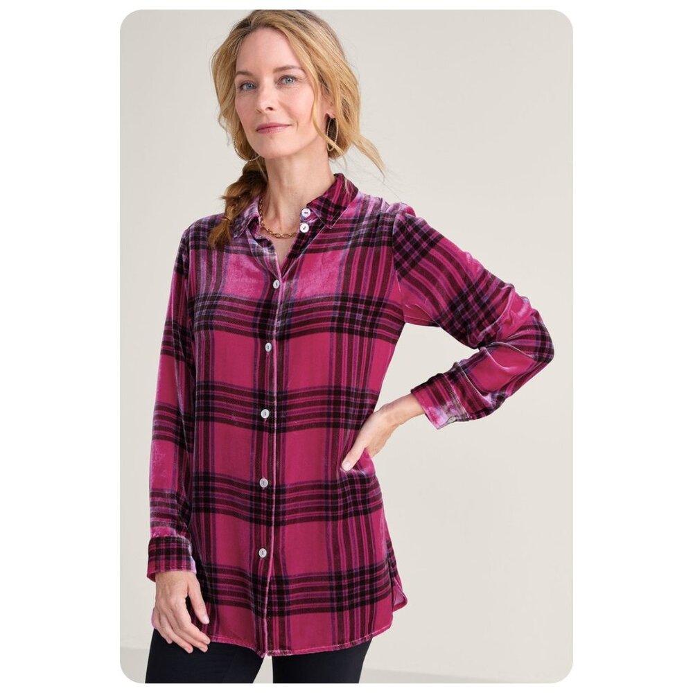 Soft Surroundings Red Maize Plaid Long Sleeve Button Up Velvet Tunic Top sz S